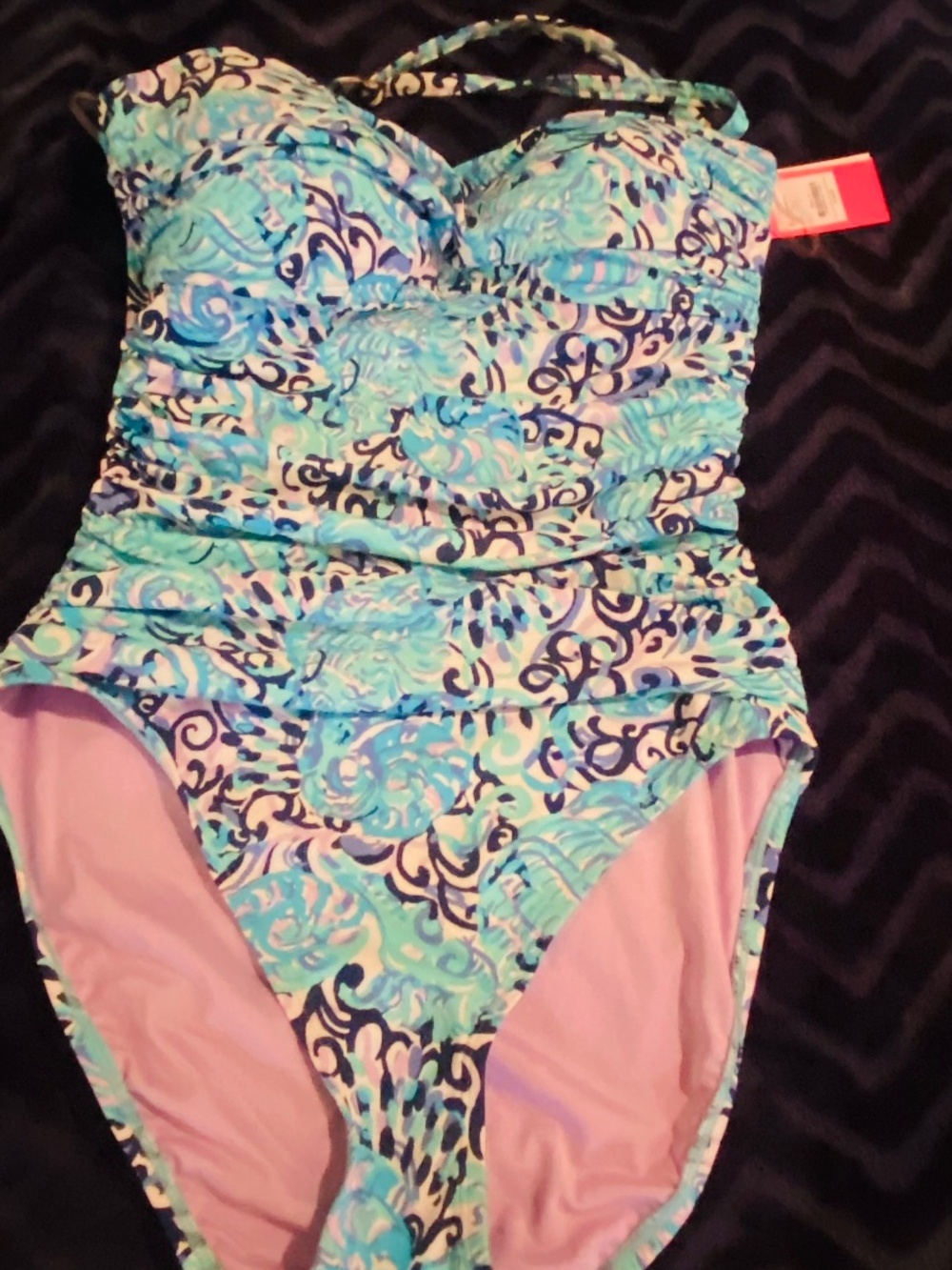 Lilly Pulitzer Flamenco One Piece Swimsuit Light Aqua Spritz Strapless Halt sz 8